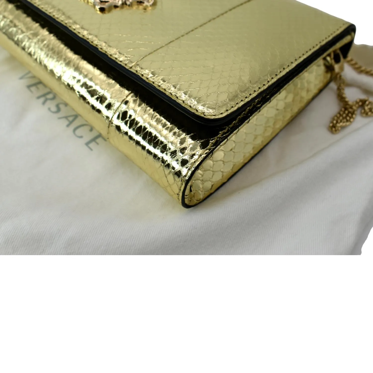 VERSACE Palazzo Medusa Metallic Leather Chain Clutch Bag Gold