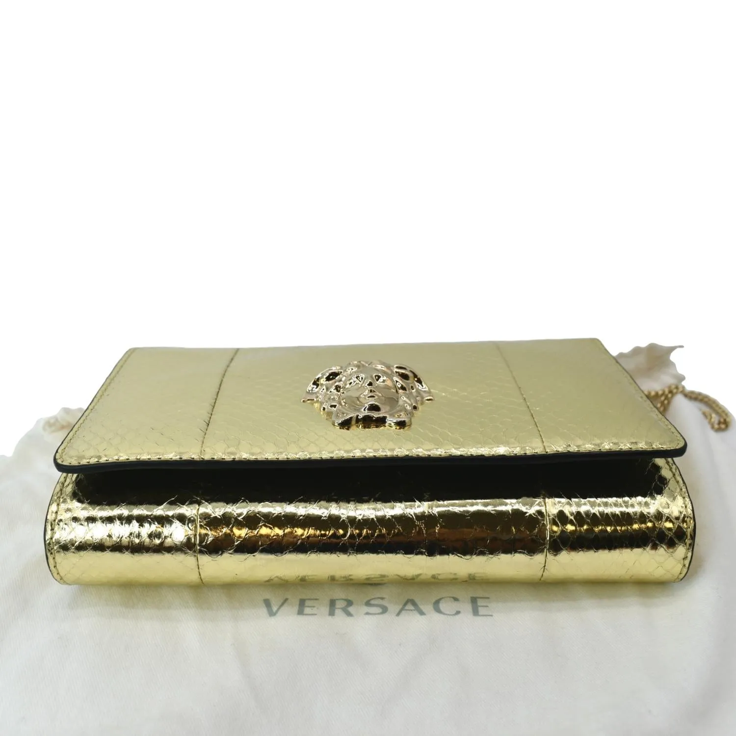 VERSACE Palazzo Medusa Metallic Leather Chain Clutch Bag Gold