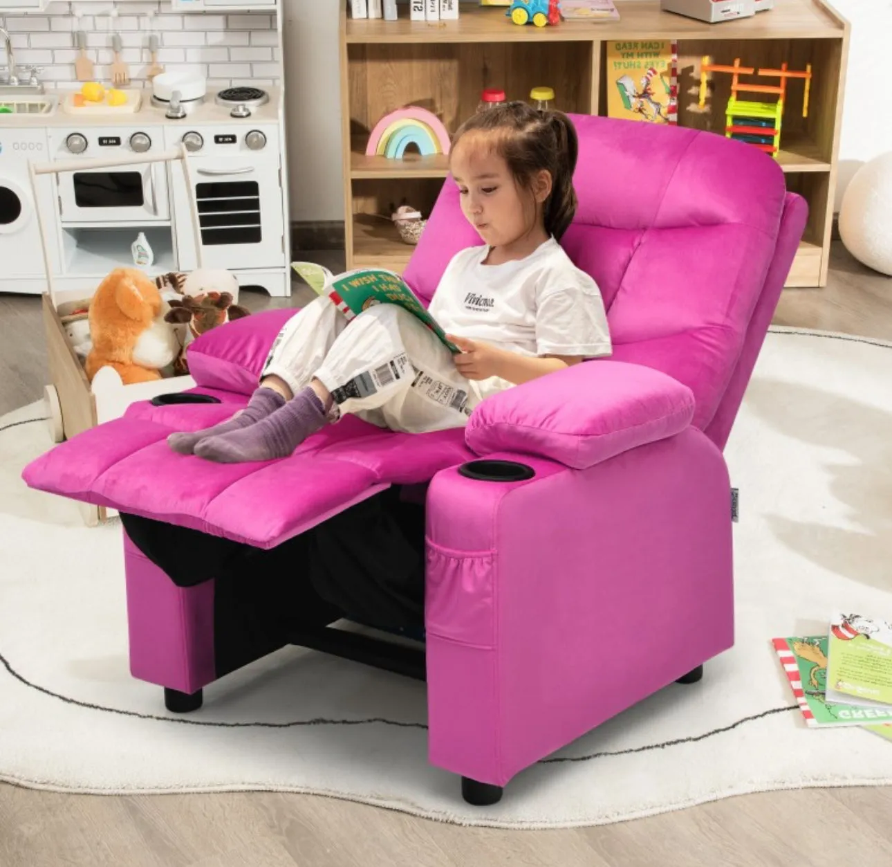 Very Cute & Adorable Kids, Children’s Recliner Sofa Chair Couch With Cup Holder | Footrest Velvet Or PU Leather | Padded Backrest | Wide Armrest | Retractable Footrest | Pockets