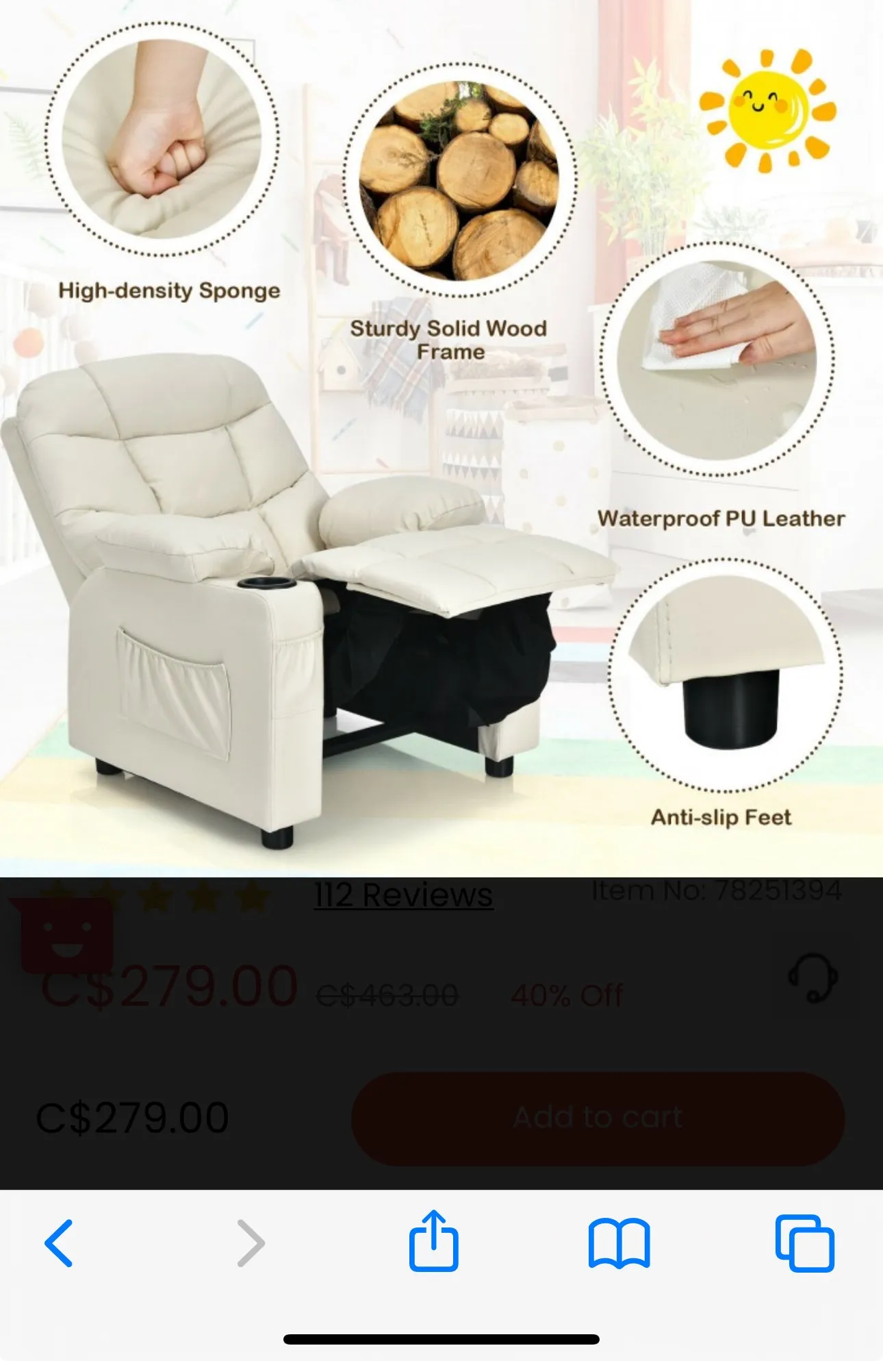 Very Cute & Adorable Kids, Children’s Recliner Sofa Chair Couch With Cup Holder | Footrest Velvet Or PU Leather | Padded Backrest | Wide Armrest | Retractable Footrest | Pockets