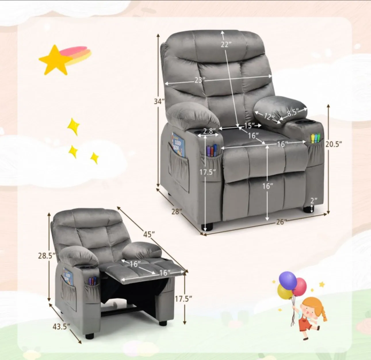 Very Cute & Adorable Kids, Children’s Recliner Sofa Chair Couch With Cup Holder | Footrest Velvet Or PU Leather | Padded Backrest | Wide Armrest | Retractable Footrest | Pockets