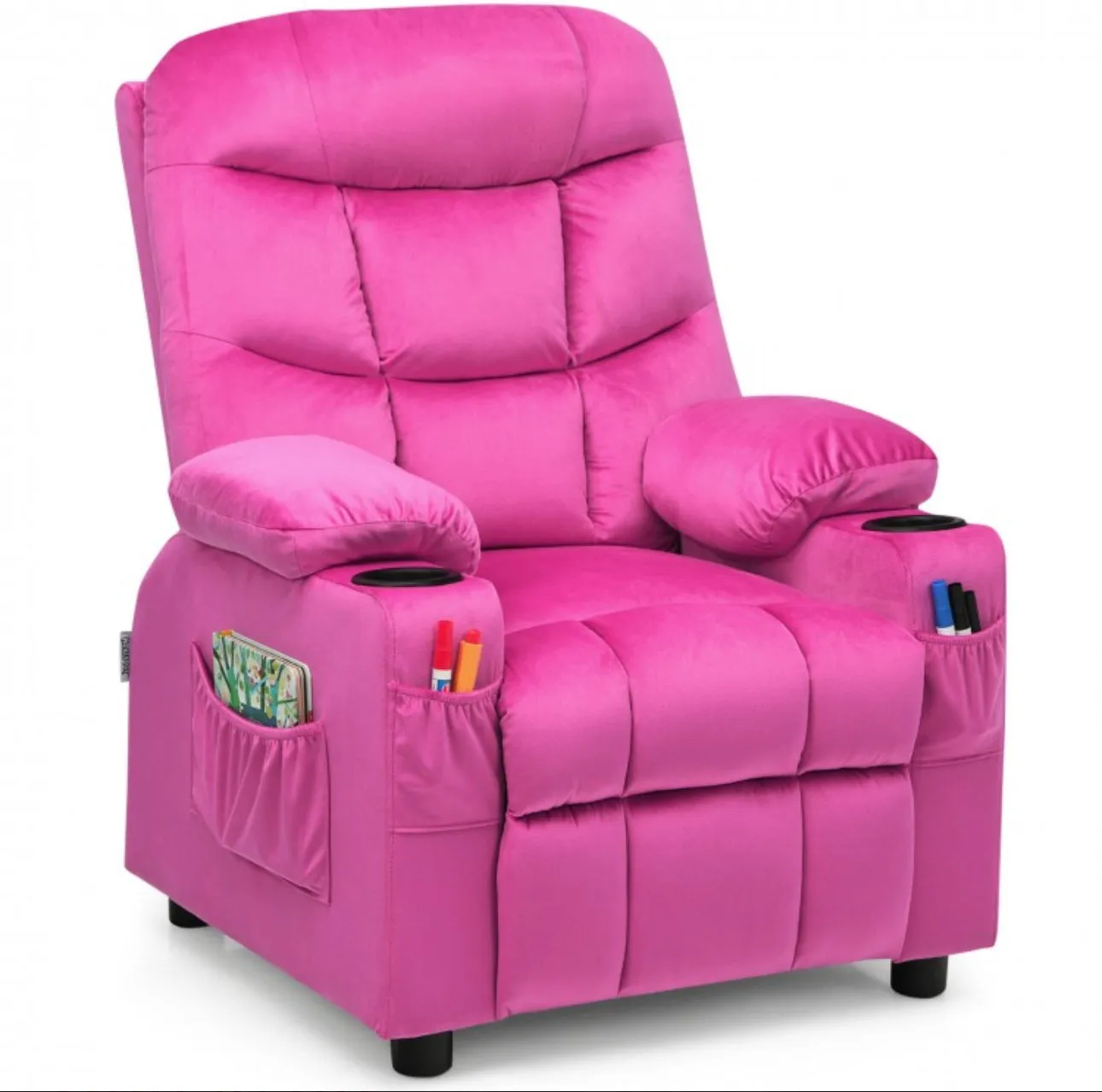 Very Cute & Adorable Kids, Children’s Recliner Sofa Chair Couch With Cup Holder | Footrest Velvet Or PU Leather | Padded Backrest | Wide Armrest | Retractable Footrest | Pockets