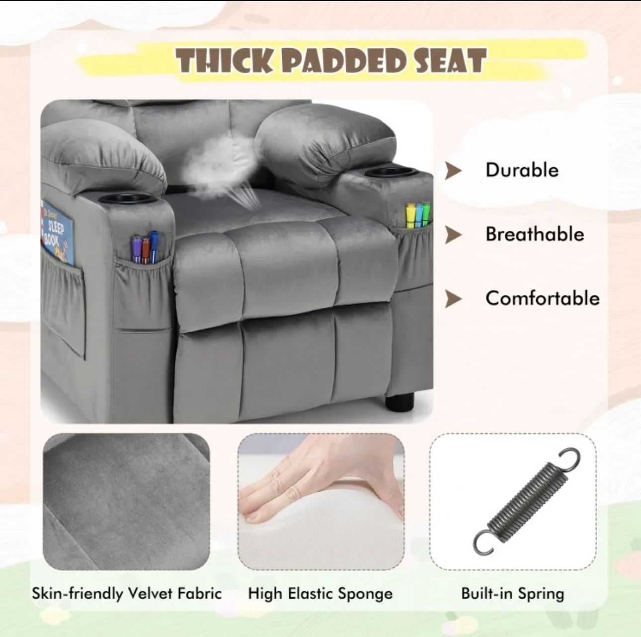 Very Cute & Adorable Kids, Children’s Recliner Sofa Chair Couch With Cup Holder | Footrest Velvet Or PU Leather | Padded Backrest | Wide Armrest | Retractable Footrest | Pockets
