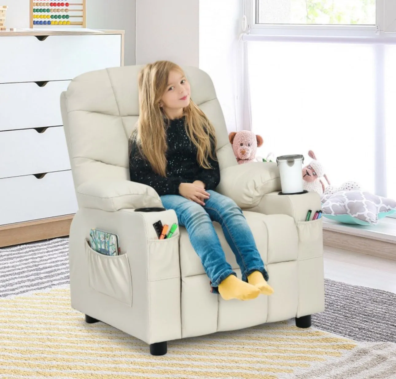 Very Cute & Adorable Kids, Children’s Recliner Sofa Chair Couch With Cup Holder | Footrest Velvet Or PU Leather | Padded Backrest | Wide Armrest | Retractable Footrest | Pockets