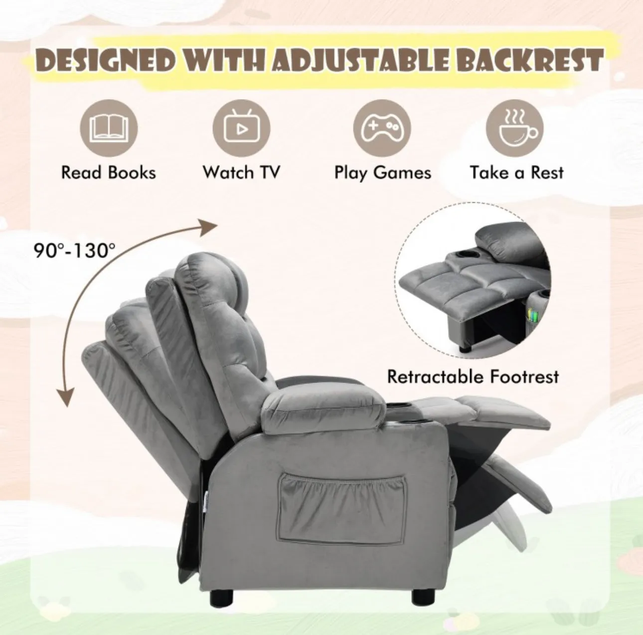 Very Cute & Adorable Kids, Children’s Recliner Sofa Chair Couch With Cup Holder | Footrest Velvet Or PU Leather | Padded Backrest | Wide Armrest | Retractable Footrest | Pockets