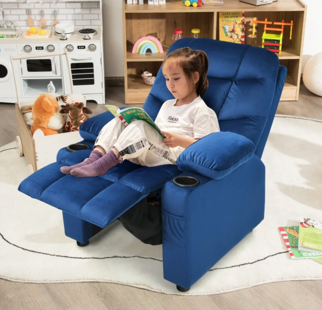 Very Cute & Adorable Kids, Children’s Recliner Sofa Chair Couch With Cup Holder | Footrest Velvet Or PU Leather | Padded Backrest | Wide Armrest | Retractable Footrest | Pockets