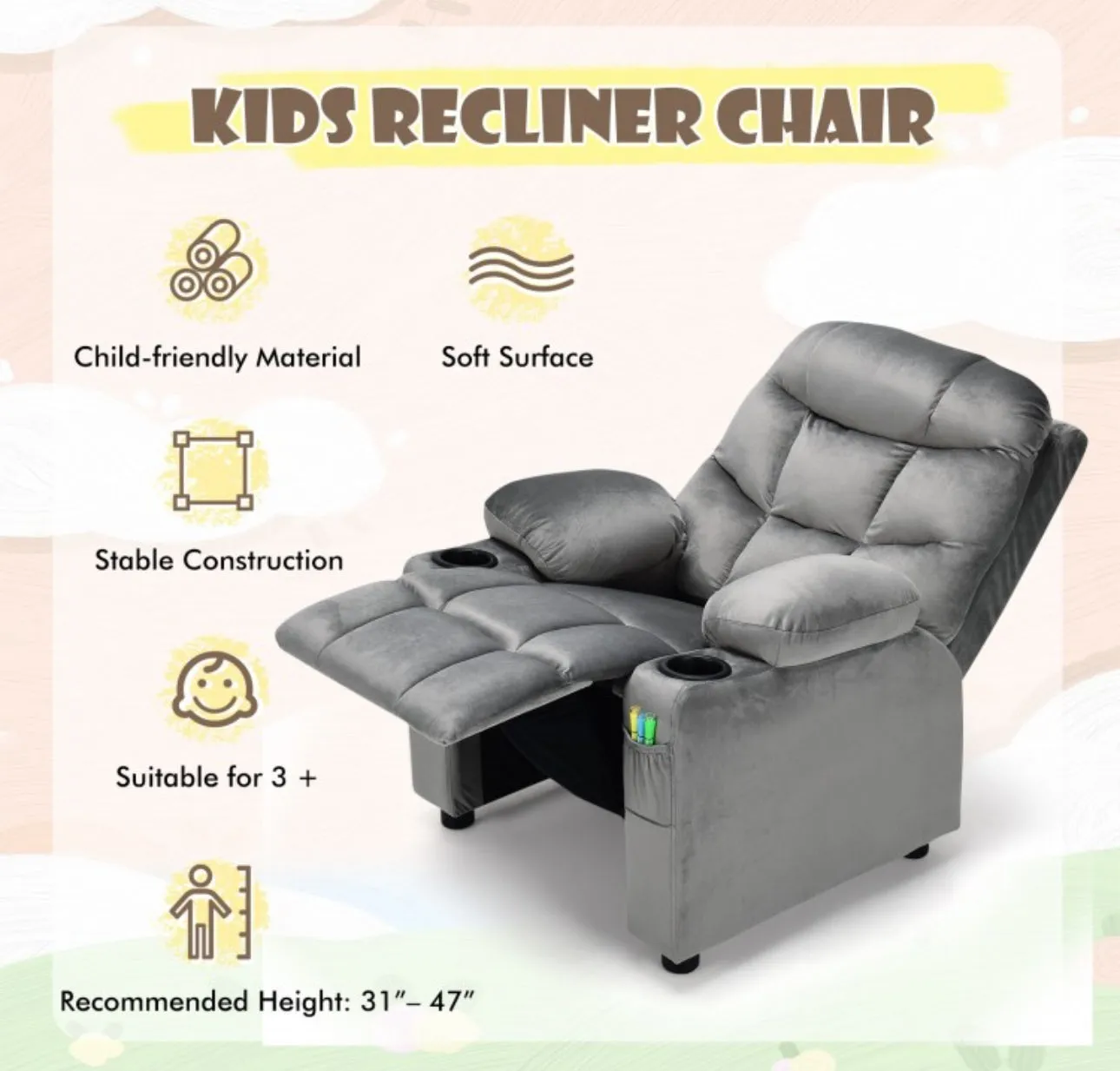 Very Cute & Adorable Kids, Children’s Recliner Sofa Chair Couch With Cup Holder | Footrest Velvet Or PU Leather | Padded Backrest | Wide Armrest | Retractable Footrest | Pockets