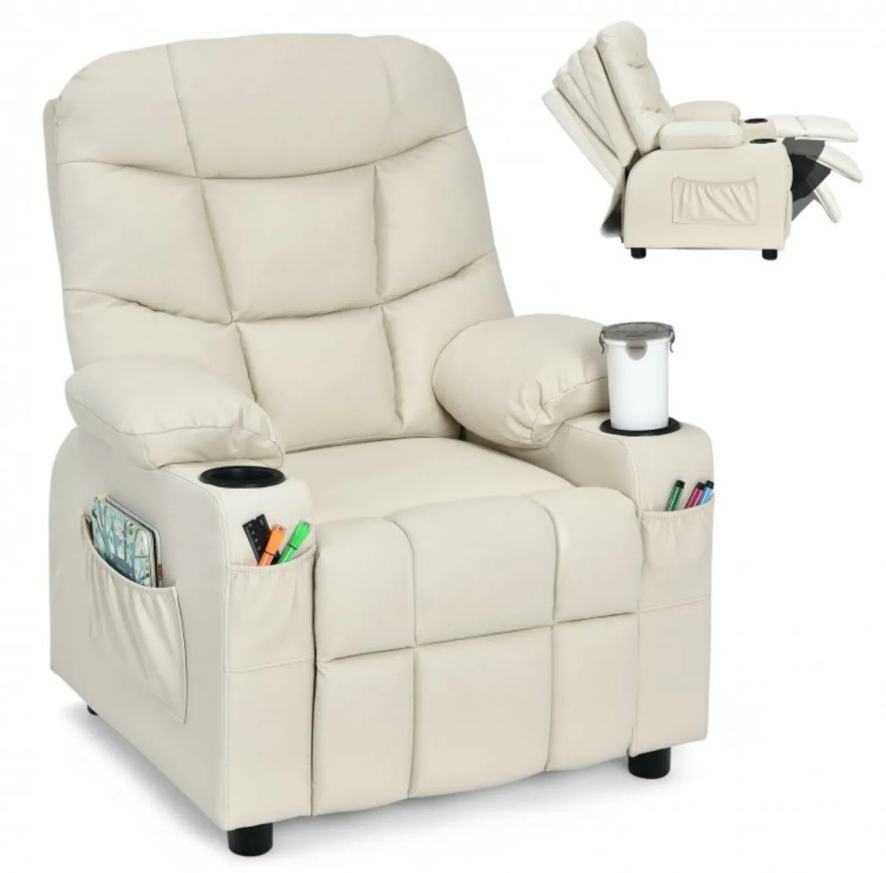 Very Cute & Adorable Kids, Children’s Recliner Sofa Chair Couch With Cup Holder | Footrest Velvet Or PU Leather | Padded Backrest | Wide Armrest | Retractable Footrest | Pockets