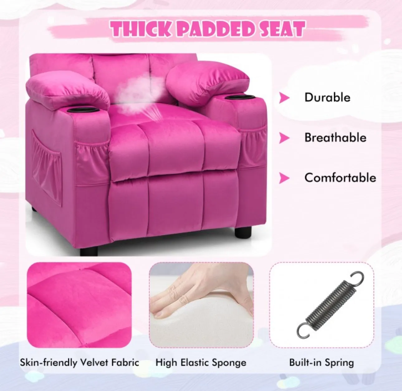 Very Cute & Adorable Kids, Children’s Recliner Sofa Chair Couch With Cup Holder | Footrest Velvet Or PU Leather | Padded Backrest | Wide Armrest | Retractable Footrest | Pockets