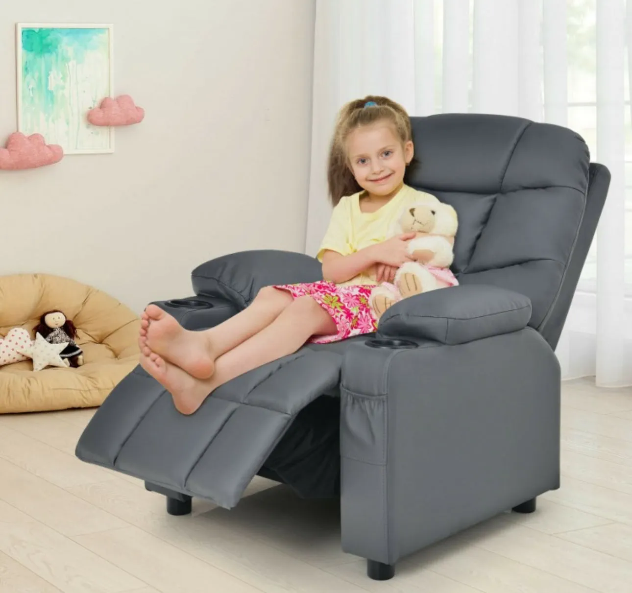 Very Cute & Adorable Kids, Children’s Recliner Sofa Chair Couch With Cup Holder | Footrest Velvet Or PU Leather | Padded Backrest | Wide Armrest | Retractable Footrest | Pockets