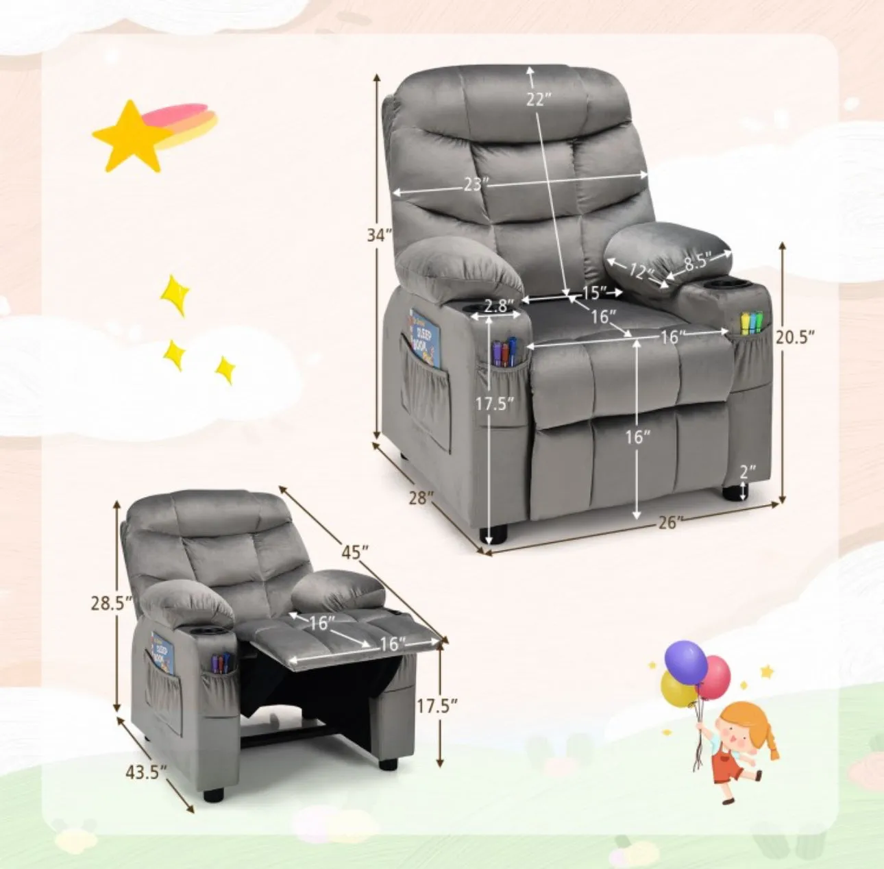 Very Cute & Adorable Kids, Children’s Recliner Sofa Chair Couch With Cup Holder | Footrest Velvet Or PU Leather | Padded Backrest | Wide Armrest | Retractable Footrest | Pockets