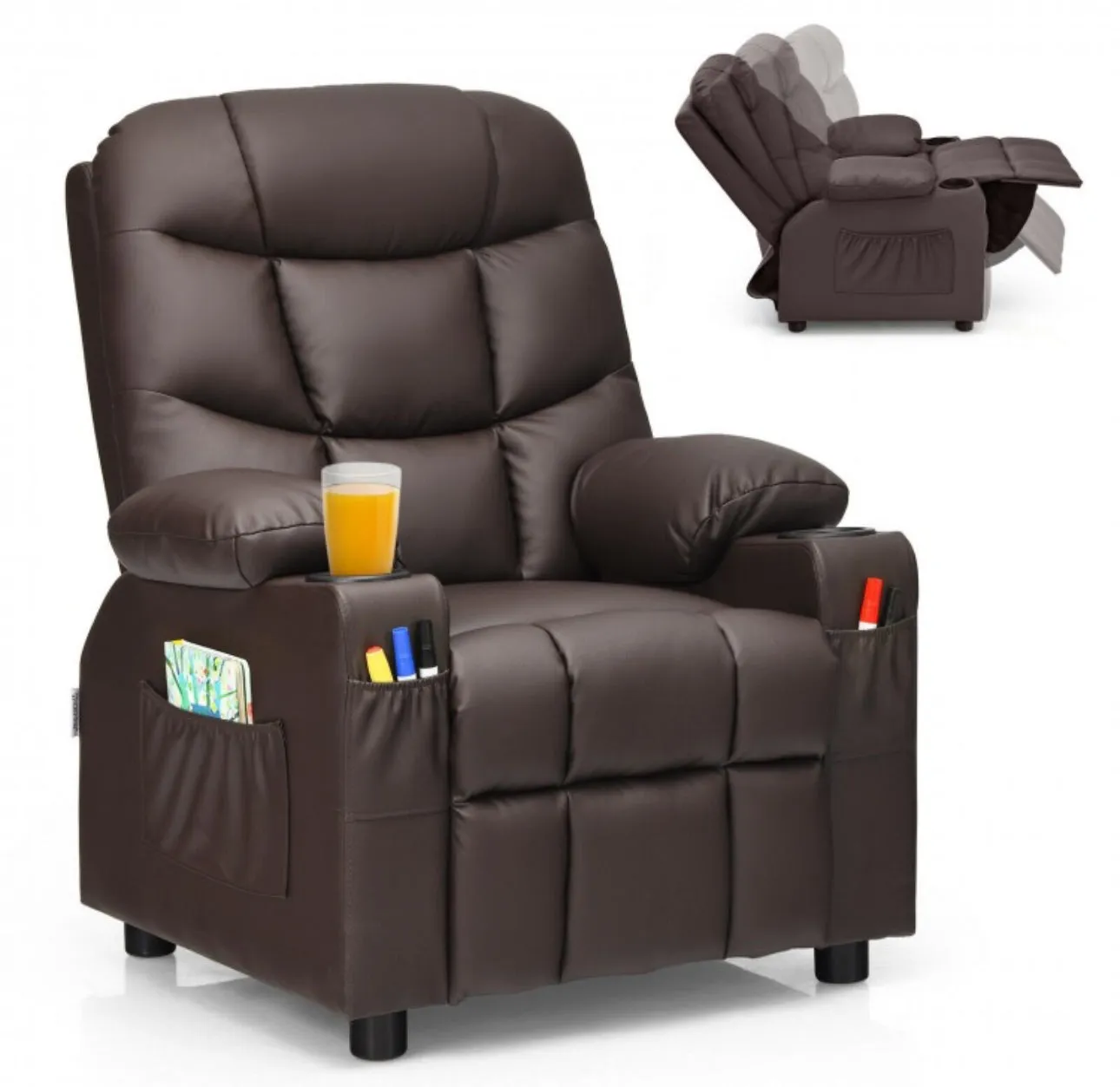Very Cute & Adorable Kids, Children’s Recliner Sofa Chair Couch With Cup Holder | Footrest Velvet Or PU Leather | Padded Backrest | Wide Armrest | Retractable Footrest | Pockets