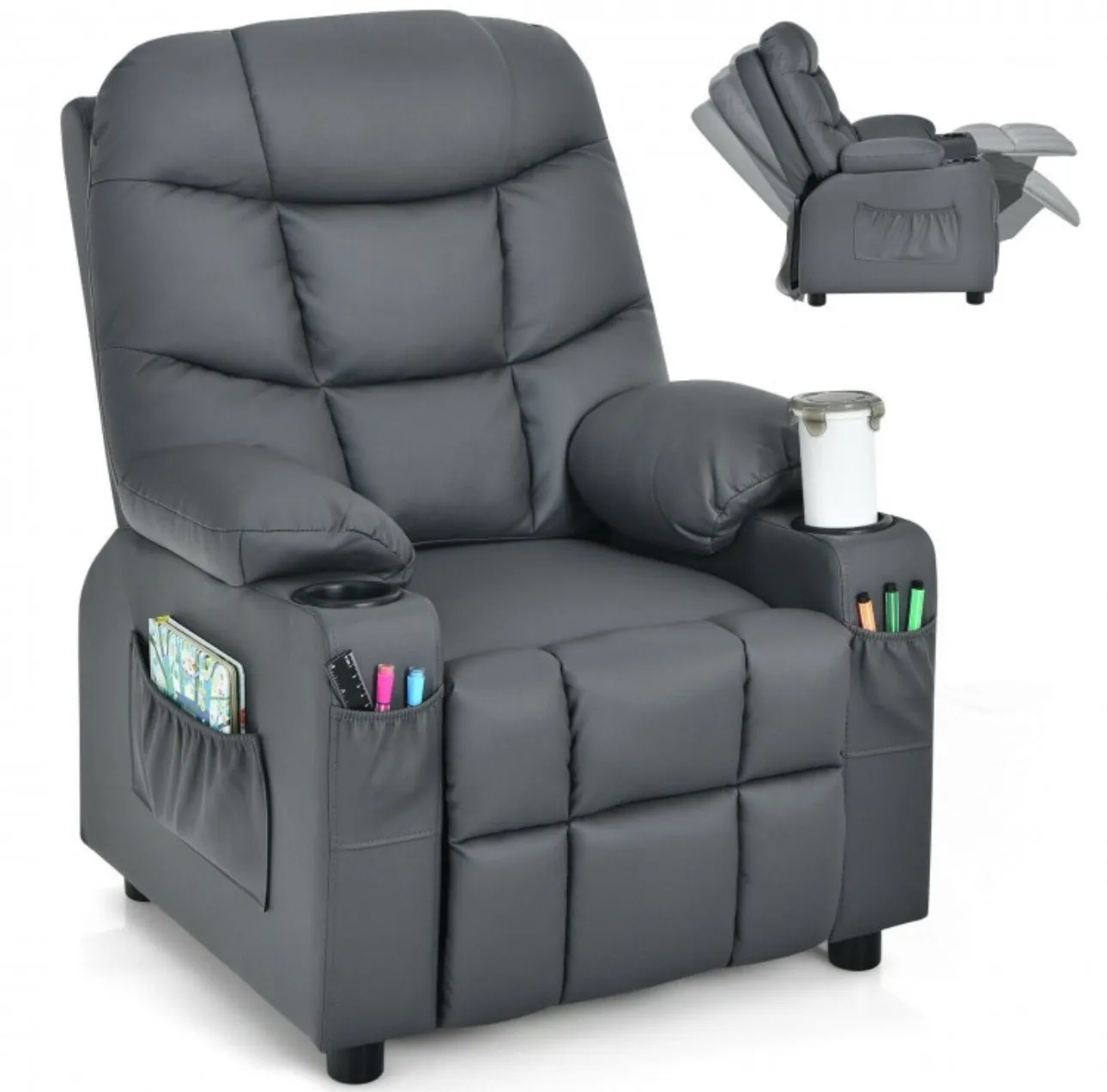 Very Cute & Adorable Kids, Children’s Recliner Sofa Chair Couch With Cup Holder | Footrest Velvet Or PU Leather | Padded Backrest | Wide Armrest | Retractable Footrest | Pockets