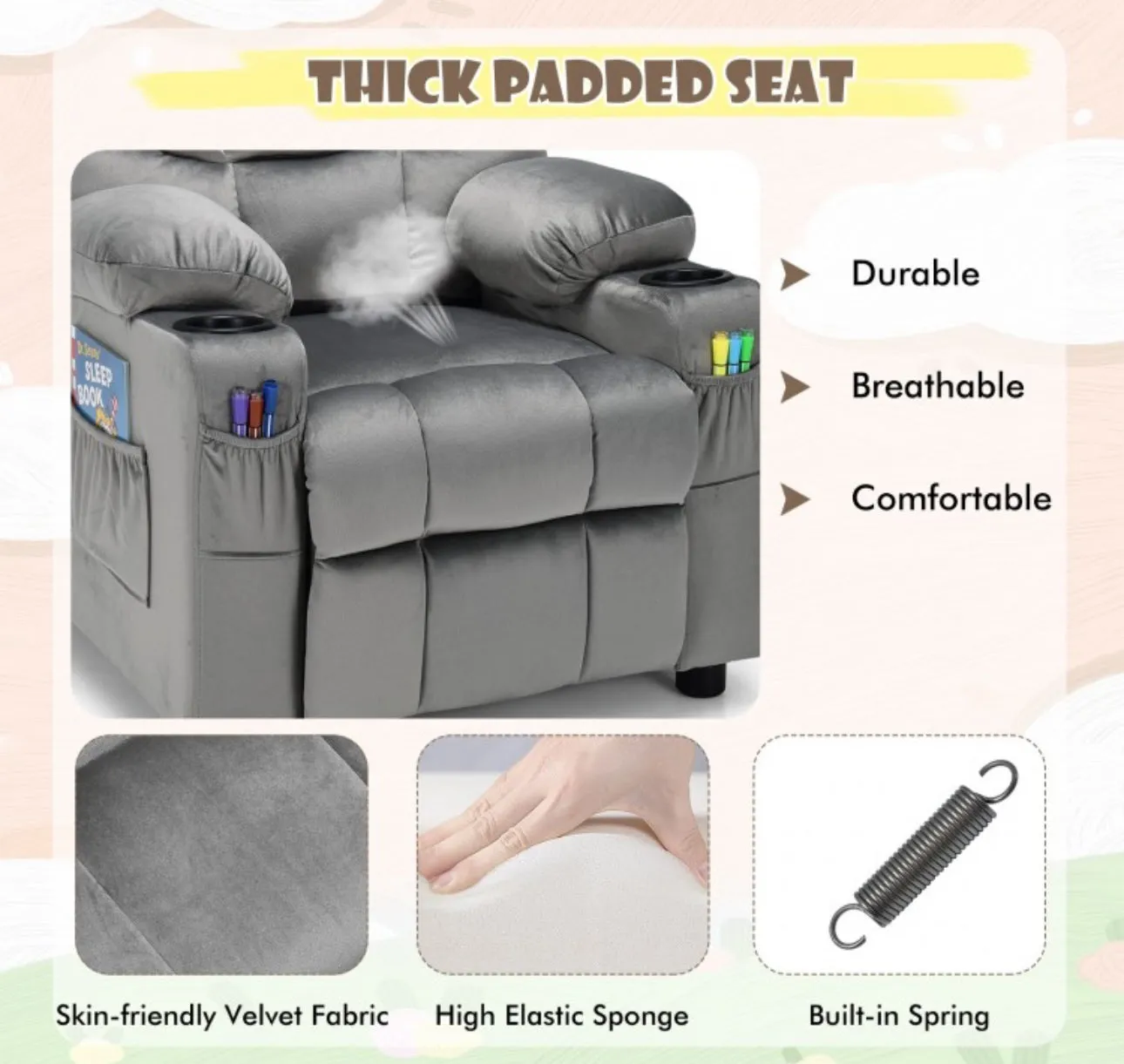 Very Cute & Adorable Kids, Children’s Recliner Sofa Chair Couch With Cup Holder | Footrest Velvet Or PU Leather | Padded Backrest | Wide Armrest | Retractable Footrest | Pockets