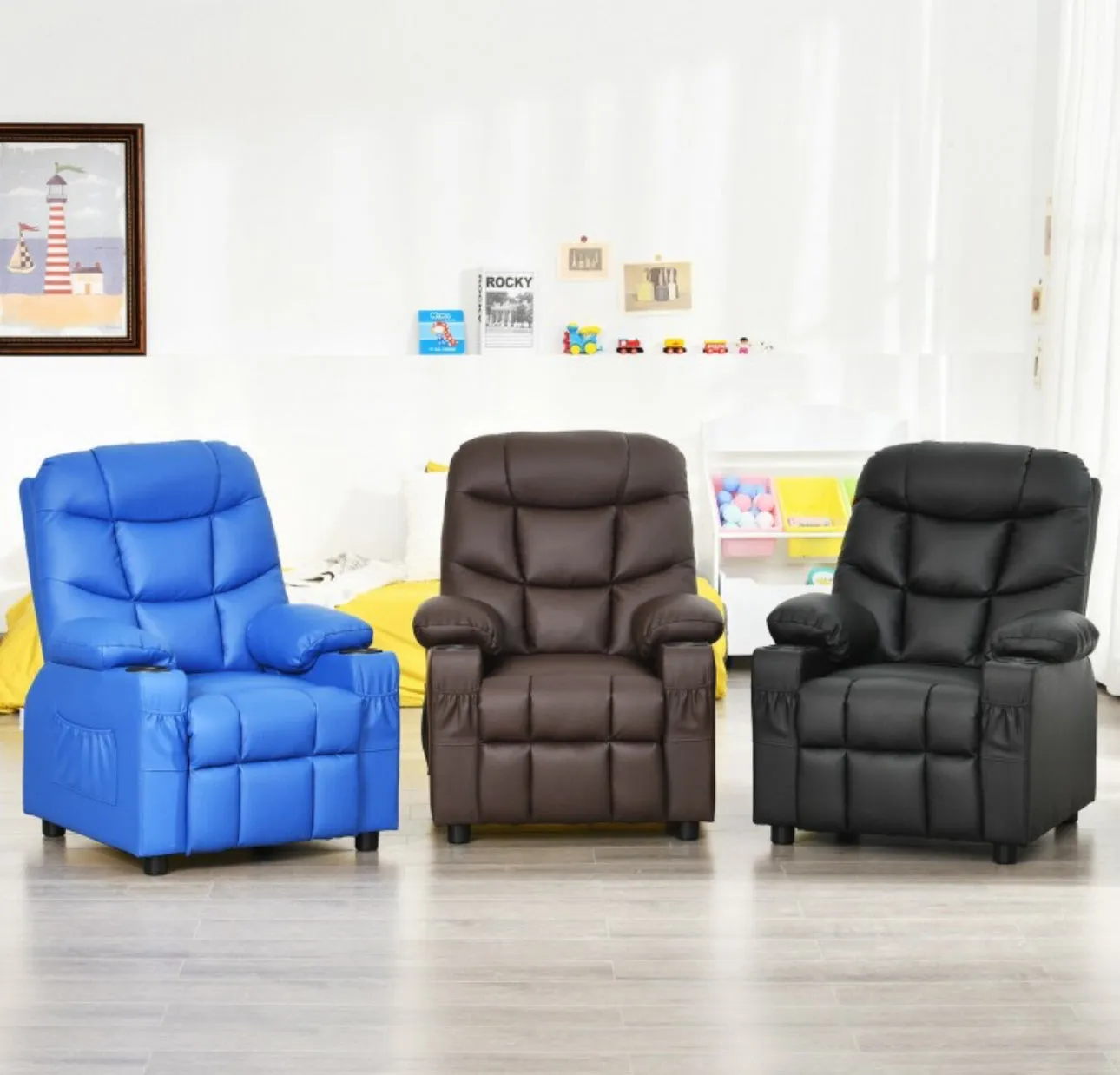 Very Cute & Adorable Kids, Children’s Recliner Sofa Chair Couch With Cup Holder | Footrest Velvet Or PU Leather | Padded Backrest | Wide Armrest | Retractable Footrest | Pockets