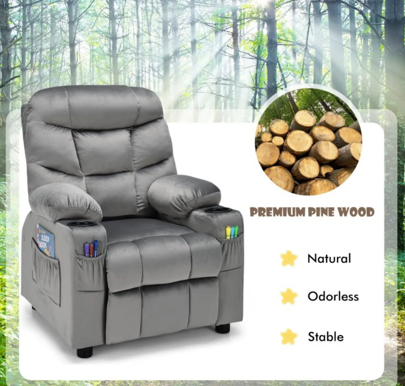 Very Cute & Adorable Kids, Children’s Recliner Sofa Chair Couch With Cup Holder | Footrest Velvet Or PU Leather | Padded Backrest | Wide Armrest | Retractable Footrest | Pockets