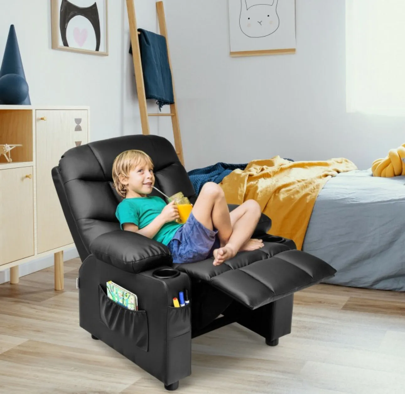 Very Cute & Adorable Kids, Children’s Recliner Sofa Chair Couch With Cup Holder | Footrest Velvet Or PU Leather | Padded Backrest | Wide Armrest | Retractable Footrest | Pockets