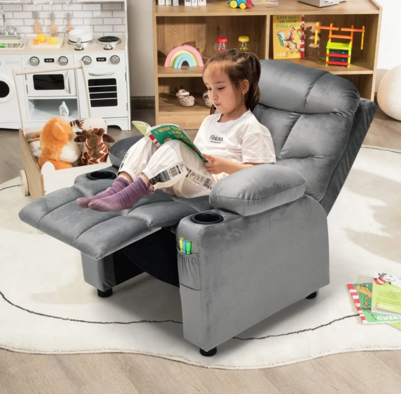 Very Cute & Adorable Kids, Children’s Recliner Sofa Chair Couch With Cup Holder | Footrest Velvet Or PU Leather | Padded Backrest | Wide Armrest | Retractable Footrest | Pockets