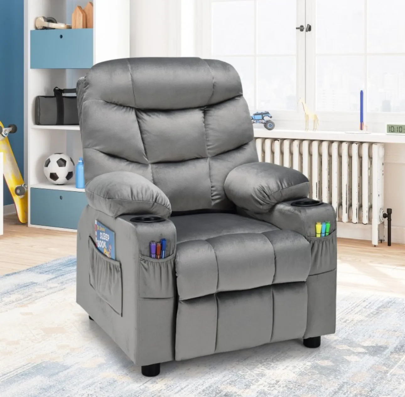 Very Cute & Adorable Kids, Children’s Recliner Sofa Chair Couch With Cup Holder | Footrest Velvet Or PU Leather | Padded Backrest | Wide Armrest | Retractable Footrest | Pockets