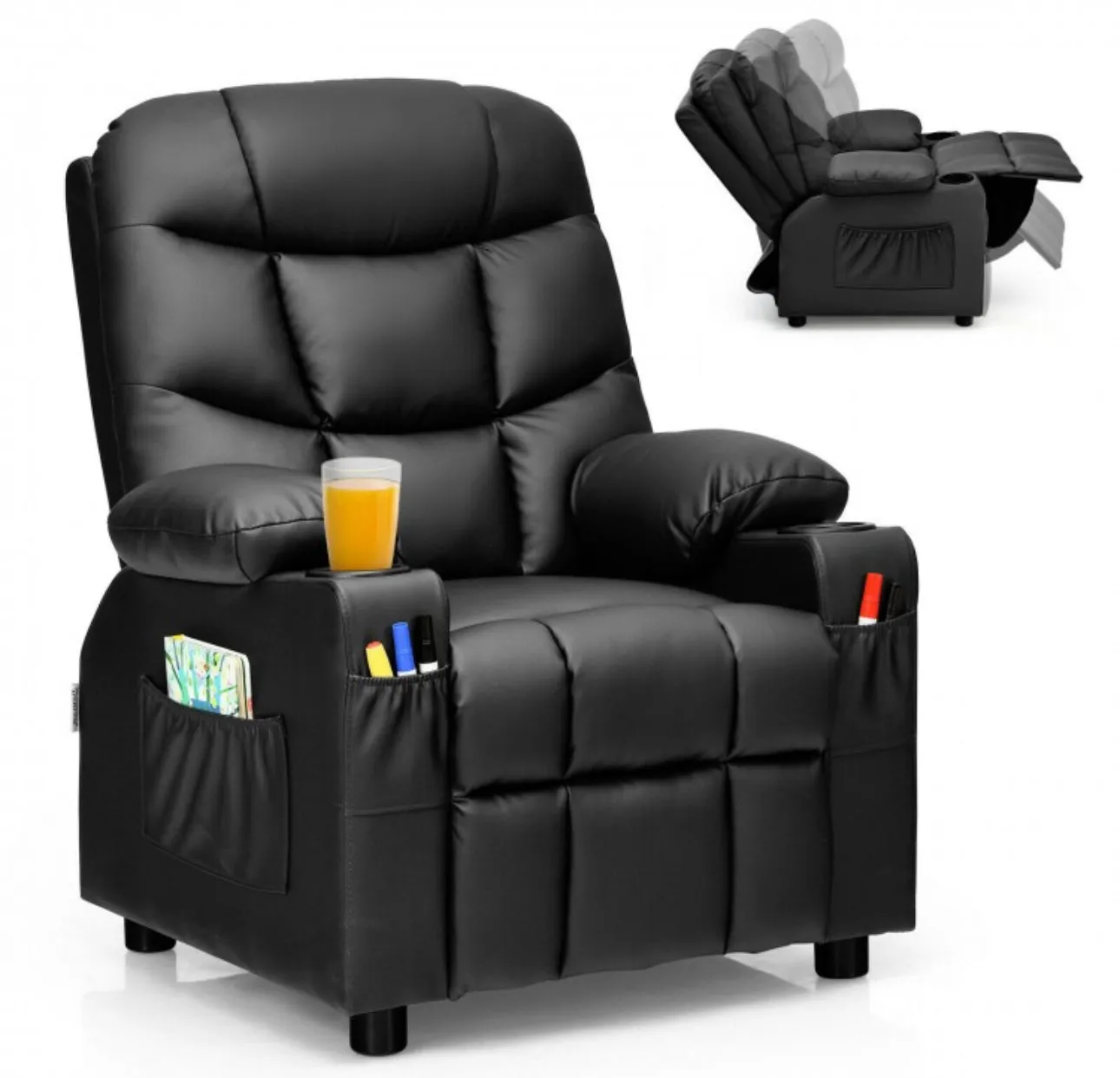 Very Cute & Adorable Kids, Children’s Recliner Sofa Chair Couch With Cup Holder | Footrest Velvet Or PU Leather | Padded Backrest | Wide Armrest | Retractable Footrest | Pockets