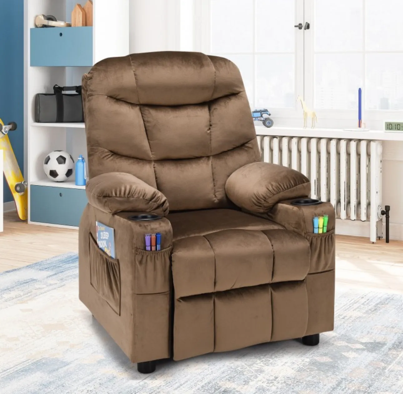 Very Cute & Adorable Kids, Children’s Recliner Sofa Chair Couch With Cup Holder | Footrest Velvet Or PU Leather | Padded Backrest | Wide Armrest | Retractable Footrest | Pockets