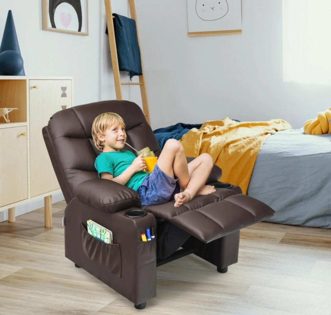 Very Cute & Adorable Kids, Children’s Recliner Sofa Chair Couch With Cup Holder | Footrest Velvet Or PU Leather | Padded Backrest | Wide Armrest | Retractable Footrest | Pockets