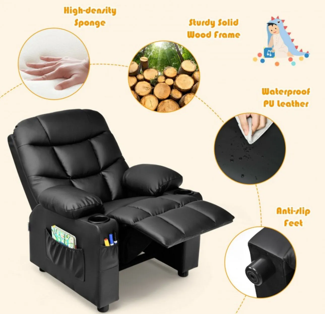 Very Cute & Adorable Kids, Children’s Recliner Sofa Chair Couch With Cup Holder | Footrest Velvet Or PU Leather | Padded Backrest | Wide Armrest | Retractable Footrest | Pockets