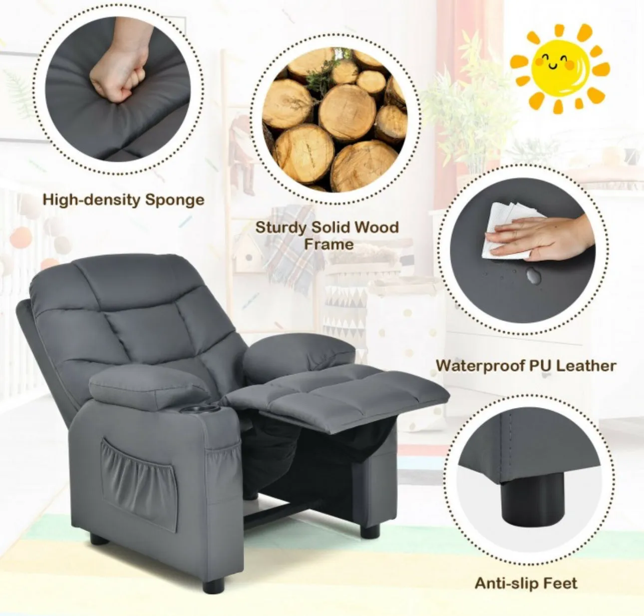Very Cute & Adorable Kids, Children’s Recliner Sofa Chair Couch With Cup Holder | Footrest Velvet Or PU Leather | Padded Backrest | Wide Armrest | Retractable Footrest | Pockets