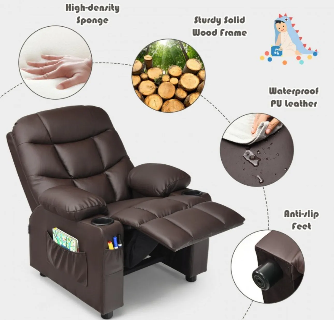 Very Cute & Adorable Kids, Children’s Recliner Sofa Chair Couch With Cup Holder | Footrest Velvet Or PU Leather | Padded Backrest | Wide Armrest | Retractable Footrest | Pockets
