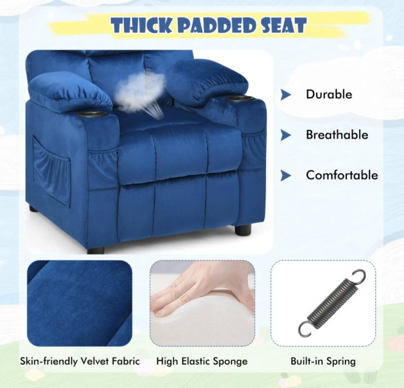 Very Cute & Adorable Kids, Children’s Recliner Sofa Chair Couch With Cup Holder | Footrest Velvet Or PU Leather | Padded Backrest | Wide Armrest | Retractable Footrest | Pockets