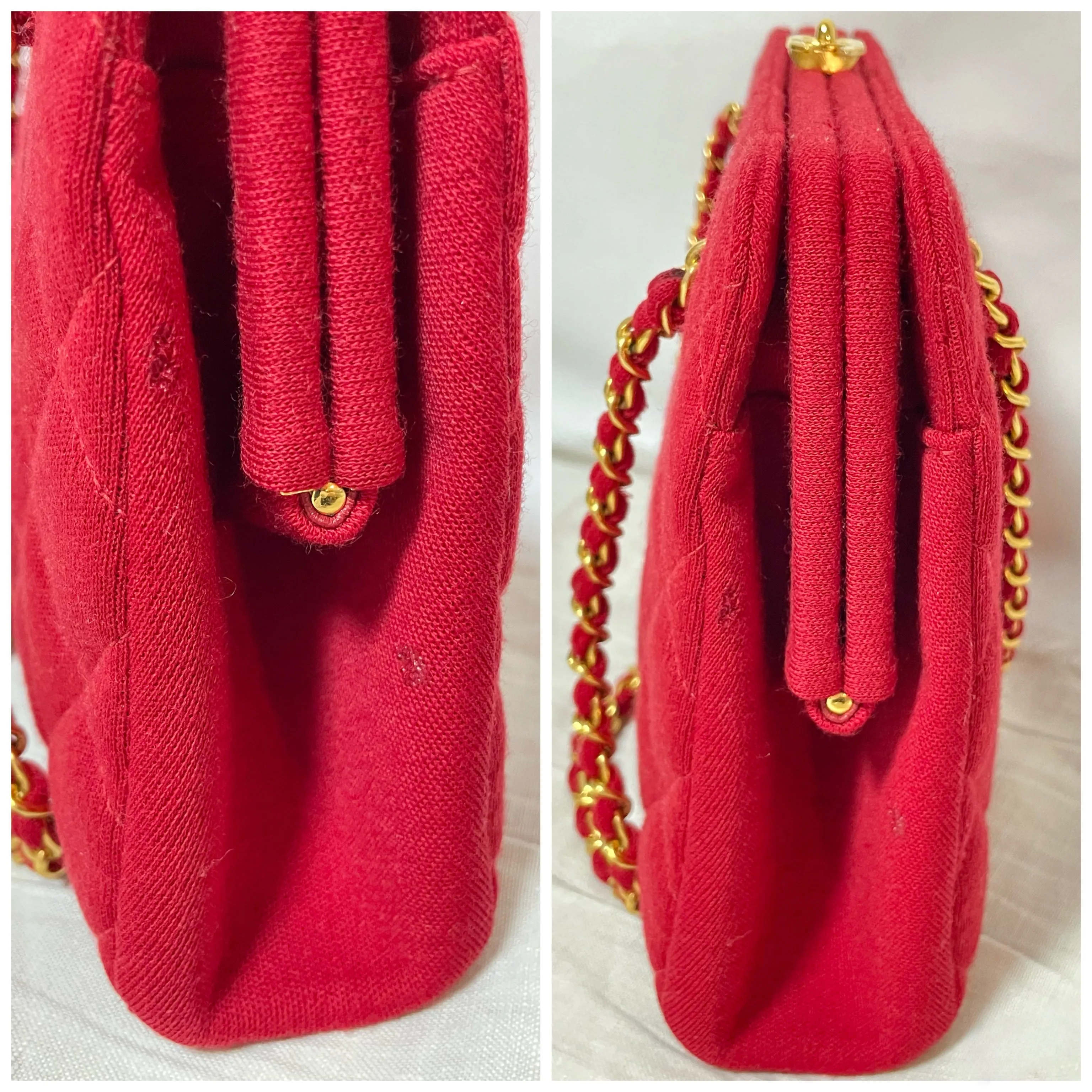 Vintage Chanel lipstick red wool jersey shoulder bag with turn lock cc closure. Kiss lock closure bag. 060810r2