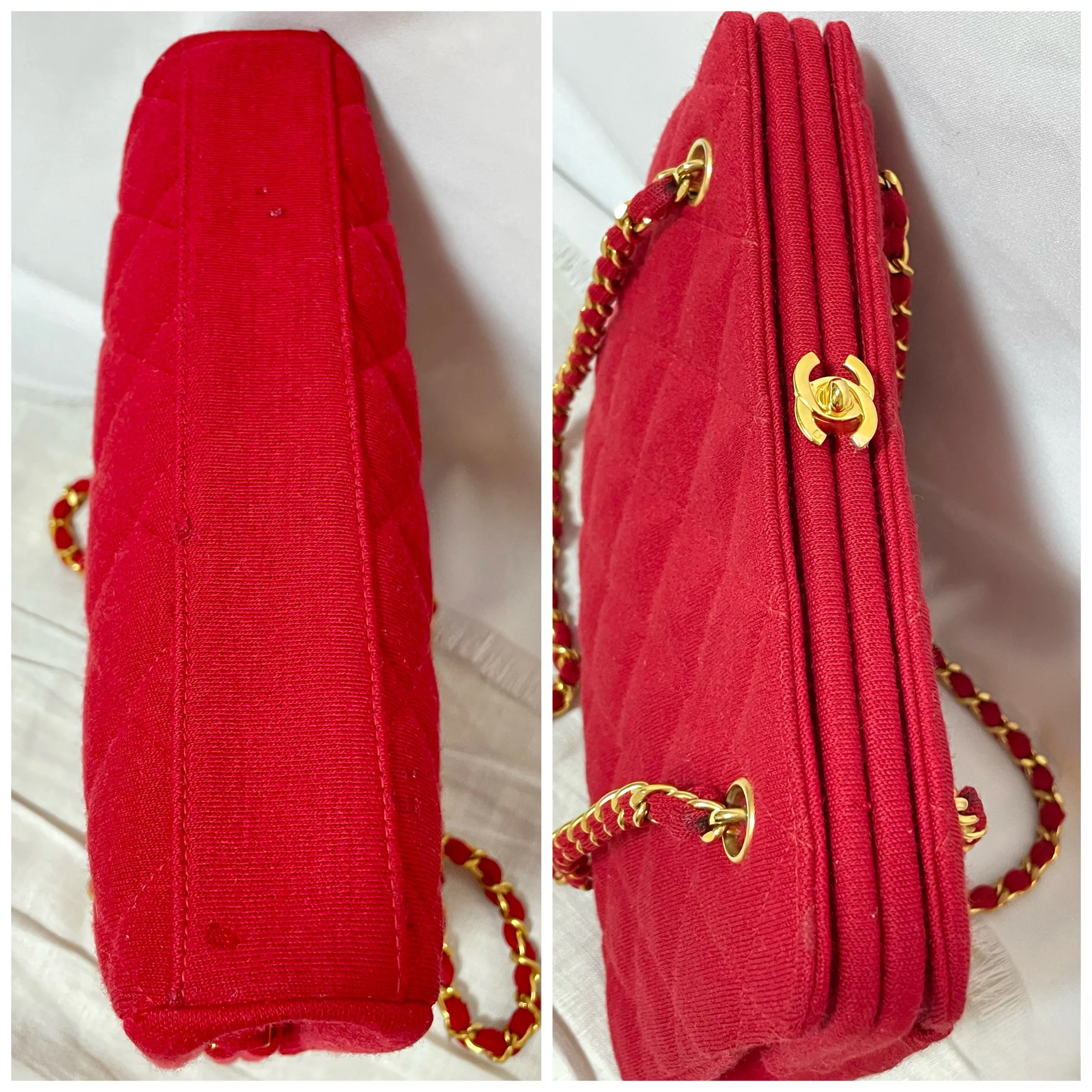 Vintage Chanel lipstick red wool jersey shoulder bag with turn lock cc closure. Kiss lock closure bag. 060810r2