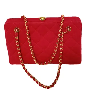 Vintage Chanel lipstick red wool jersey shoulder bag with turn lock cc closure. Kiss lock closure bag. 060810r2