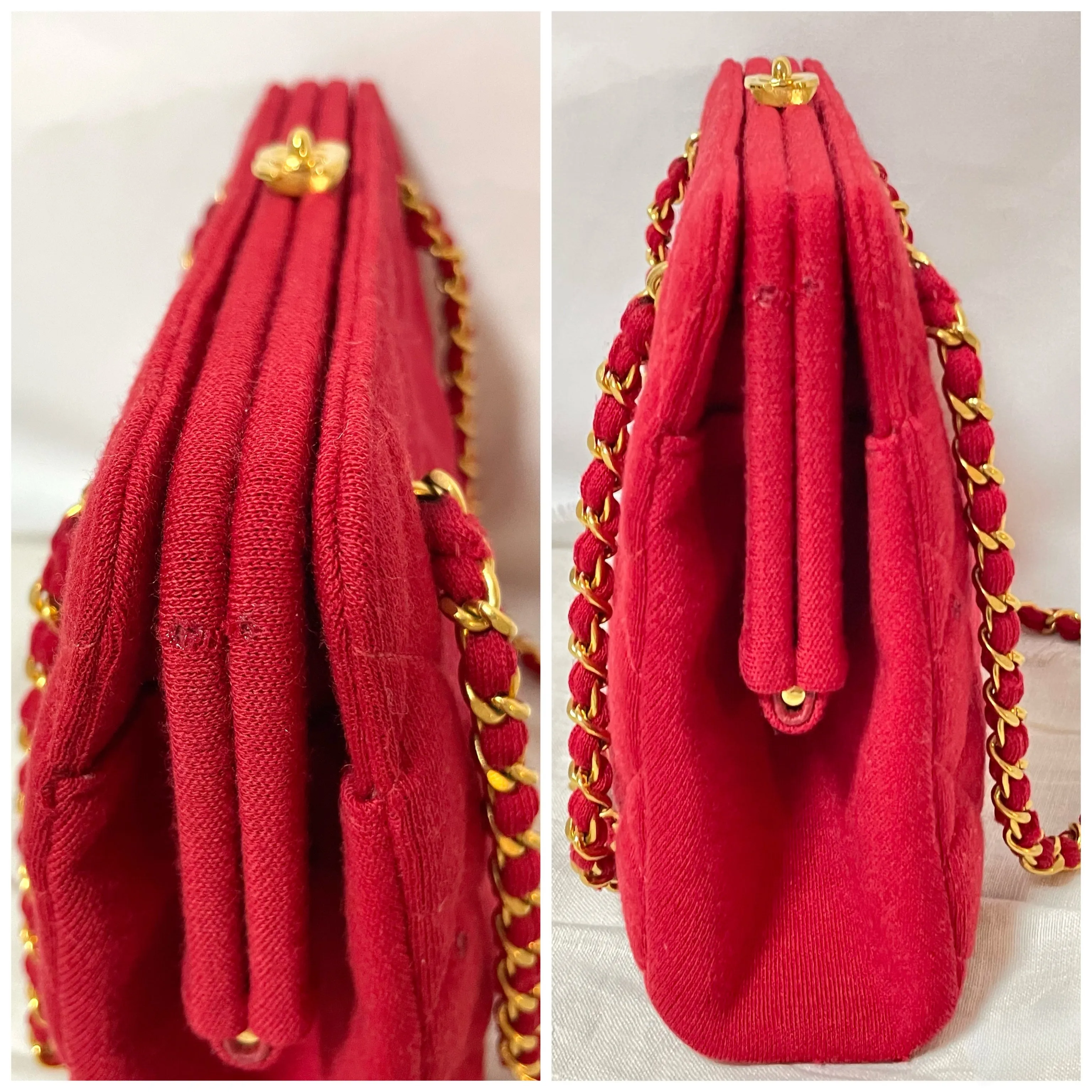 Vintage Chanel lipstick red wool jersey shoulder bag with turn lock cc closure. Kiss lock closure bag. 060810r2