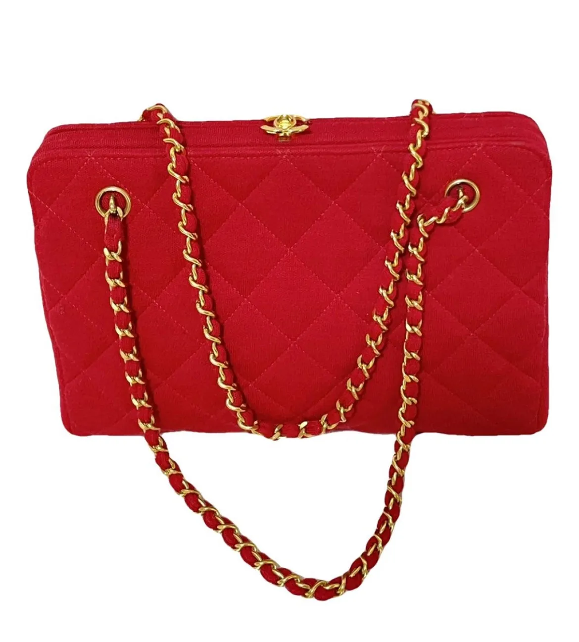 Vintage Chanel lipstick red wool jersey shoulder bag with turn lock cc closure. Kiss lock closure bag. 060810r2