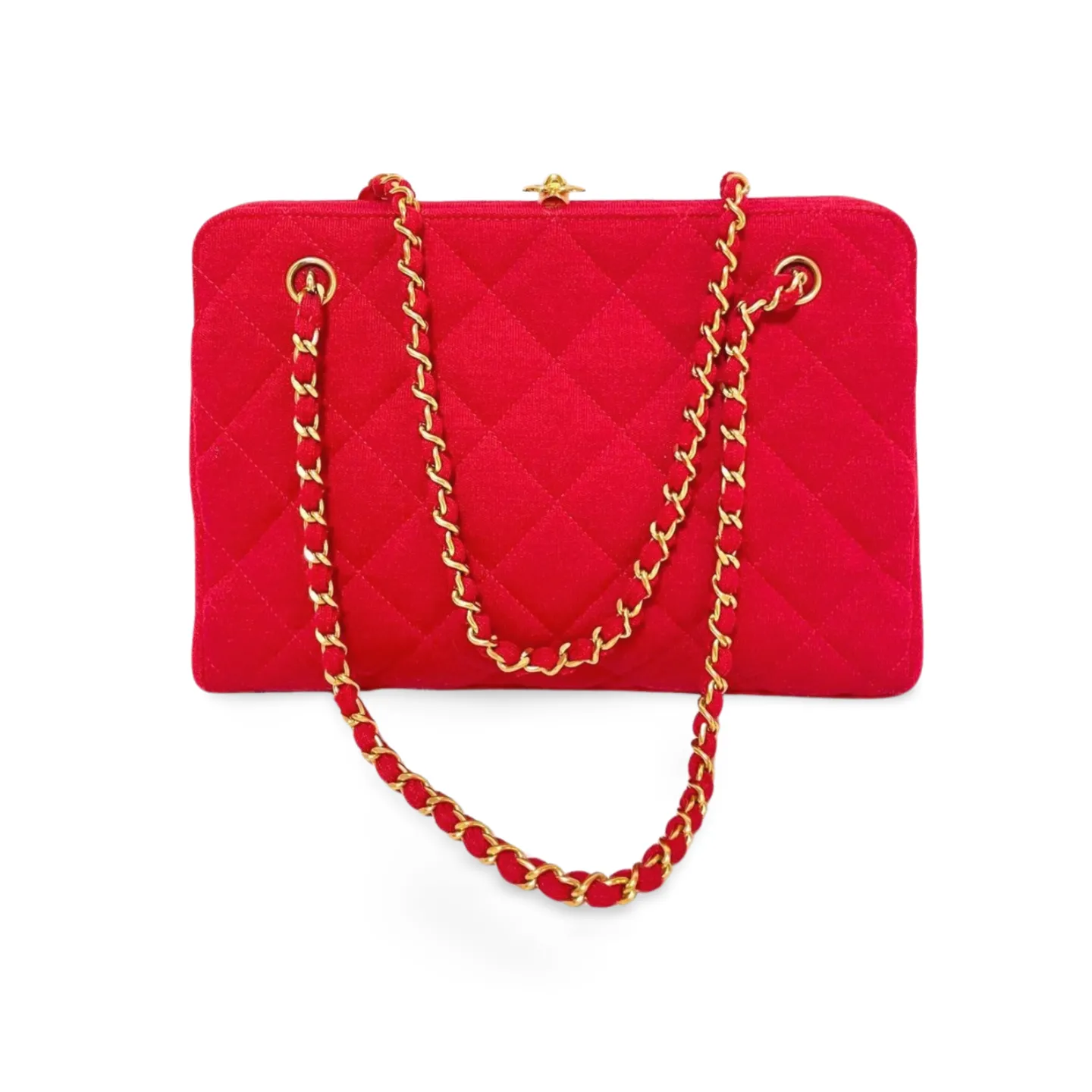 Vintage Chanel lipstick red wool jersey shoulder bag with turn lock cc closure. Kiss lock closure bag. 060810r2