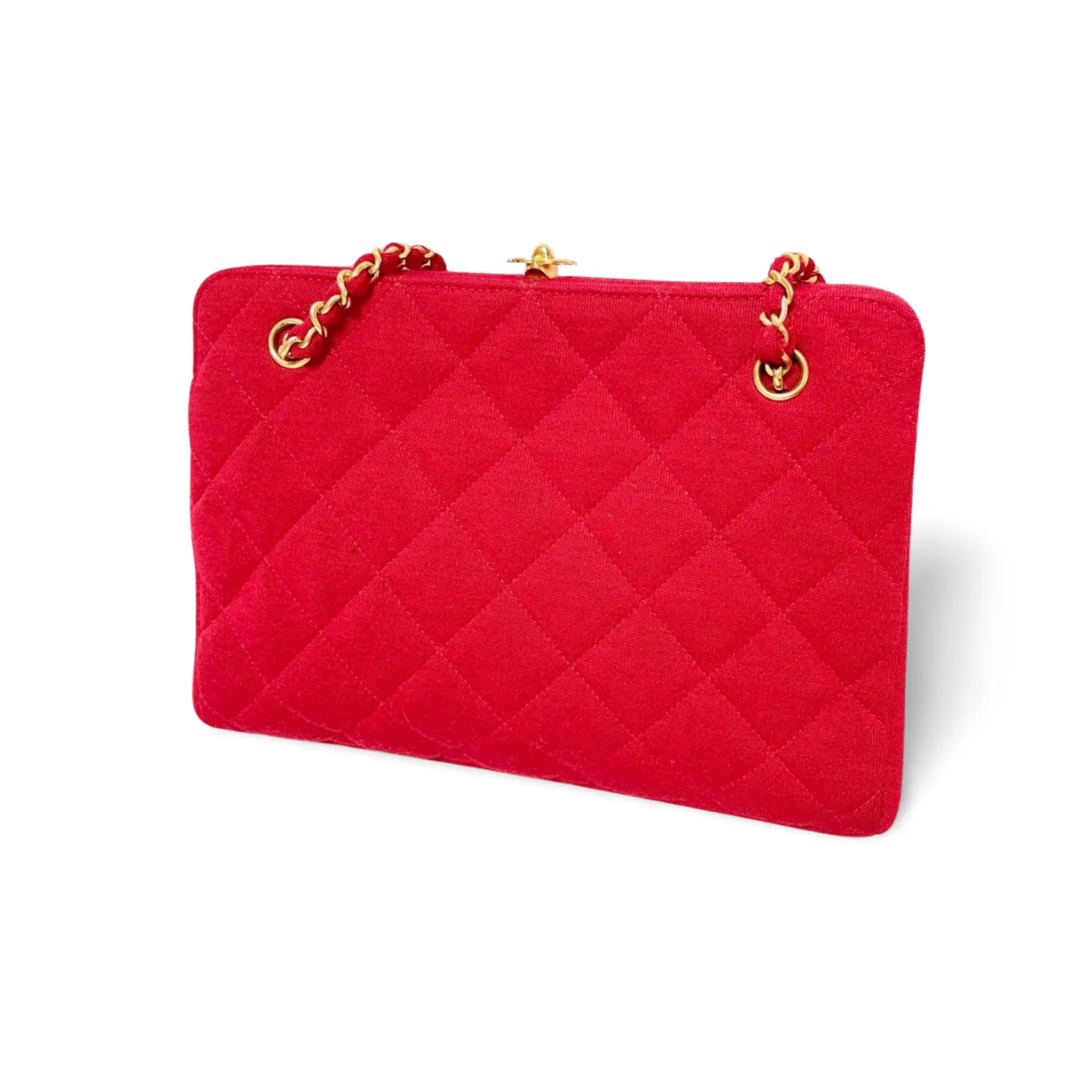 Vintage Chanel lipstick red wool jersey shoulder bag with turn lock cc closure. Kiss lock closure bag. 060810r2