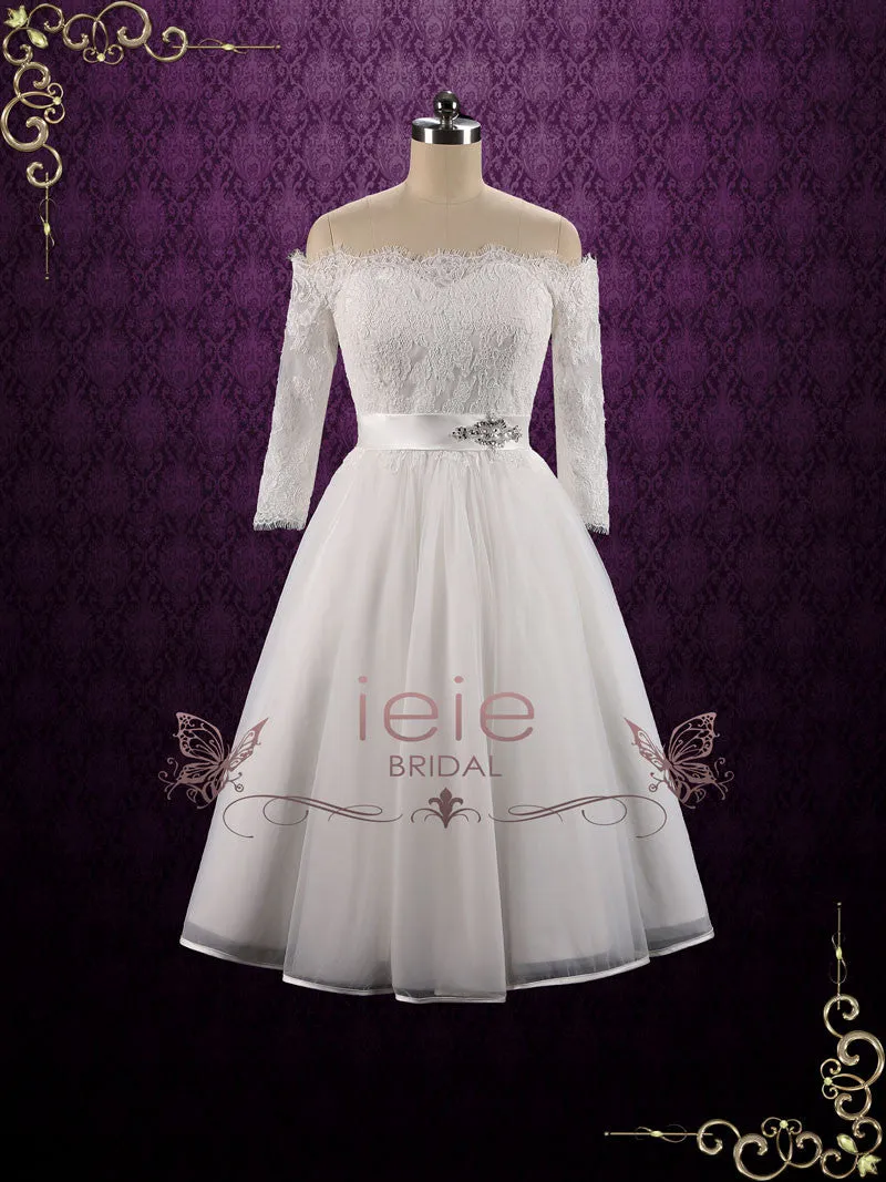 Vintage Style Short Off Shoulder Lace Wedding Dress | Sallie