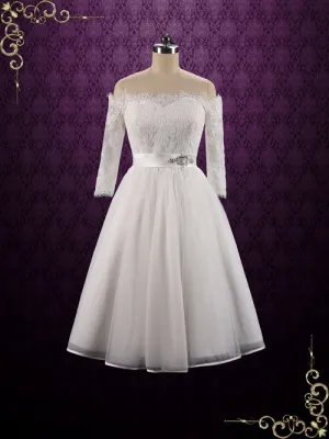Vintage Style Short Off Shoulder Lace Wedding Dress | Sallie