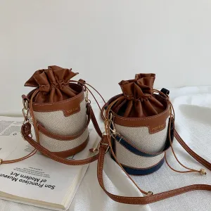 Vintage Women Shoulder Bags Cylinder PU Leather Bucket Crossbody Bag Casual Mini Drawstring Handbags Purse for Travel Shopping