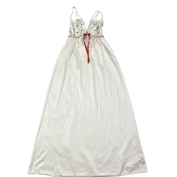 Vtg Long Nightgown Nylon Lingerie Feminine Sissy Lolita Flower Embroidered Small