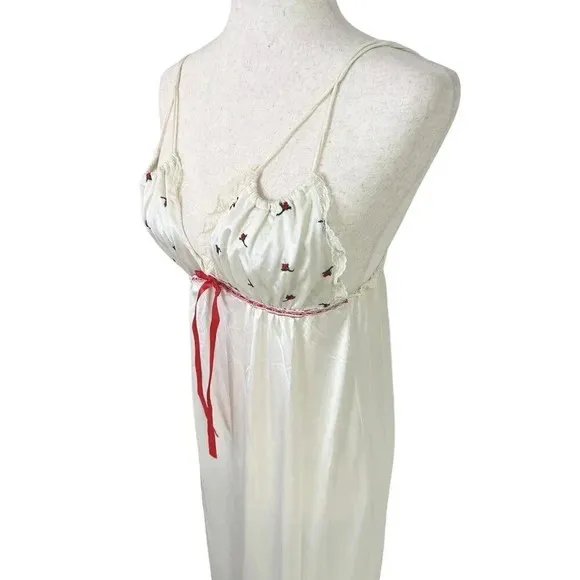 Vtg Long Nightgown Nylon Lingerie Feminine Sissy Lolita Flower Embroidered Small