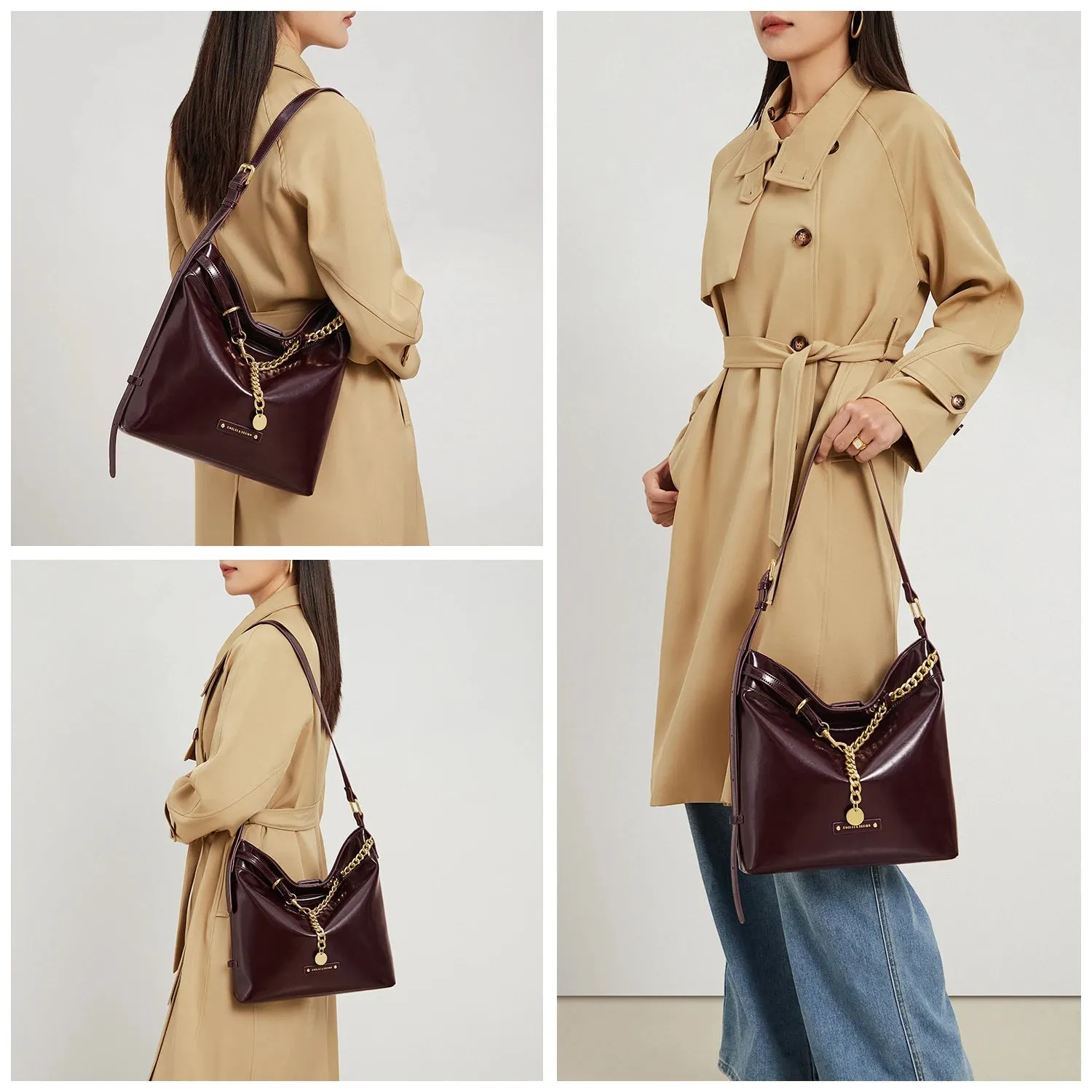 Women’s Handbag & Shoulder Bag with Gold Accents - Maroon - One Size