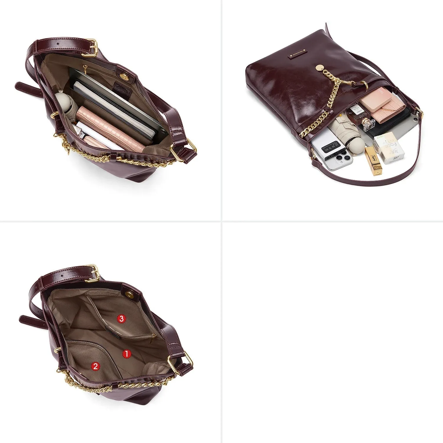 Women’s Handbag & Shoulder Bag with Gold Accents - Maroon - One Size