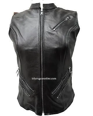 WOMEN'S MOTORCYCLE RIDER 7POCKET LEATHER VEST W/5 OUTSIDE POCKETS & 2GUN POCKETS