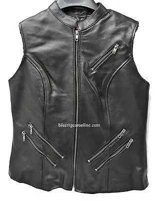 WOMEN'S MOTORCYCLE RIDER 7POCKET LEATHER VEST W/5 OUTSIDE POCKETS & 2GUN POCKETS