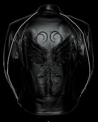 WOMEN'S MOTORCYCLE RIDING BLK LEATHER JACKET W/ STUD & WINGS AND 2 GUNPOCKETS