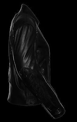 WOMEN'S MOTORCYCLE RIDING BLK LEATHER JACKET W/ STUD & WINGS AND 2 GUNPOCKETS