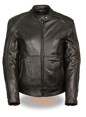 WOMEN'S MOTORCYCLE RIDING BLK LEATHER JACKET W/ STUD & WINGS AND 2 GUNPOCKETS