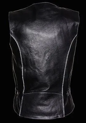 WOMEN'S MOTORCYCLE RIDING BLK LEATHER VEST W/REFLECTIVE TRIBAL DESIGN & PIPING